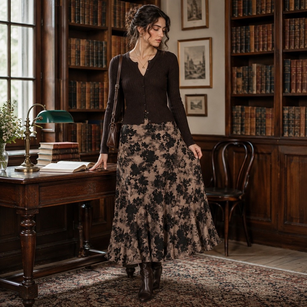 VTG Drama Floral Bias Cut Maxi Skirt 8 Taupe Black Made USA Dark Academia